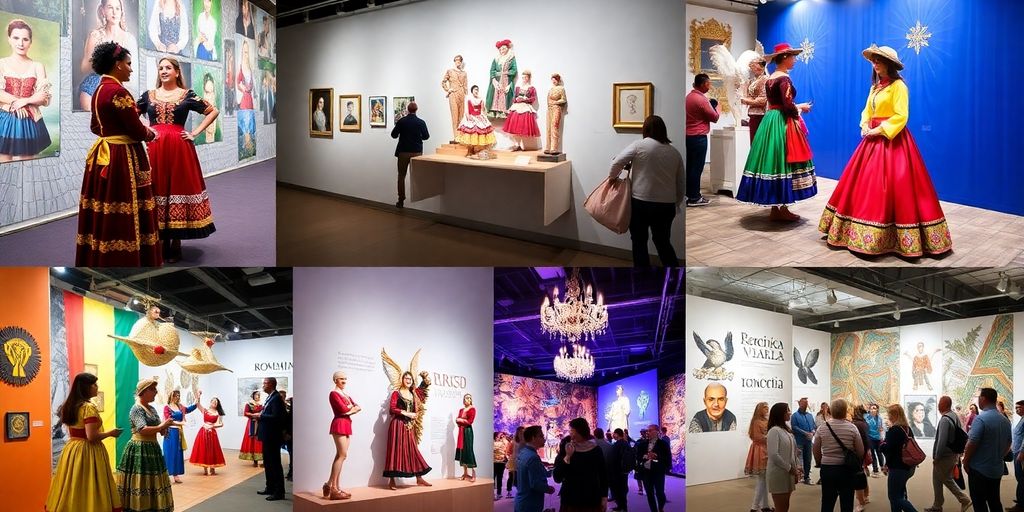 Colorful collage of Romanian cultural exhibitions.