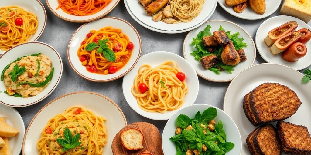 Colorful European dishes on a dining table.