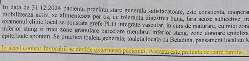 Femeie cu arsuri grave, externată cu răni adânci până la os. Spitalul Floreasca spune că a fost „la cerere”, familia neagă / Biletul de externare: „În acest context favorabil, se decide externarea pacientei” 1 Capture 344a8b