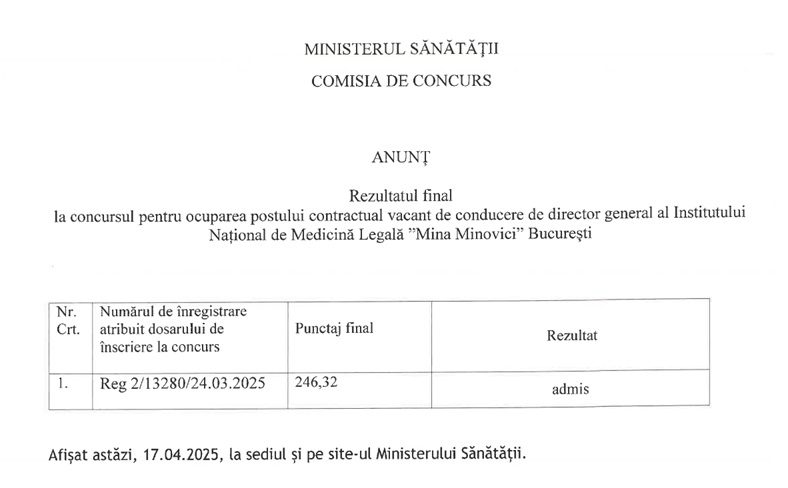 Rafila a prelungit mandatul șefului interimar al INML care a picat concursul pentru funcție 1 Rezultat concurs INML