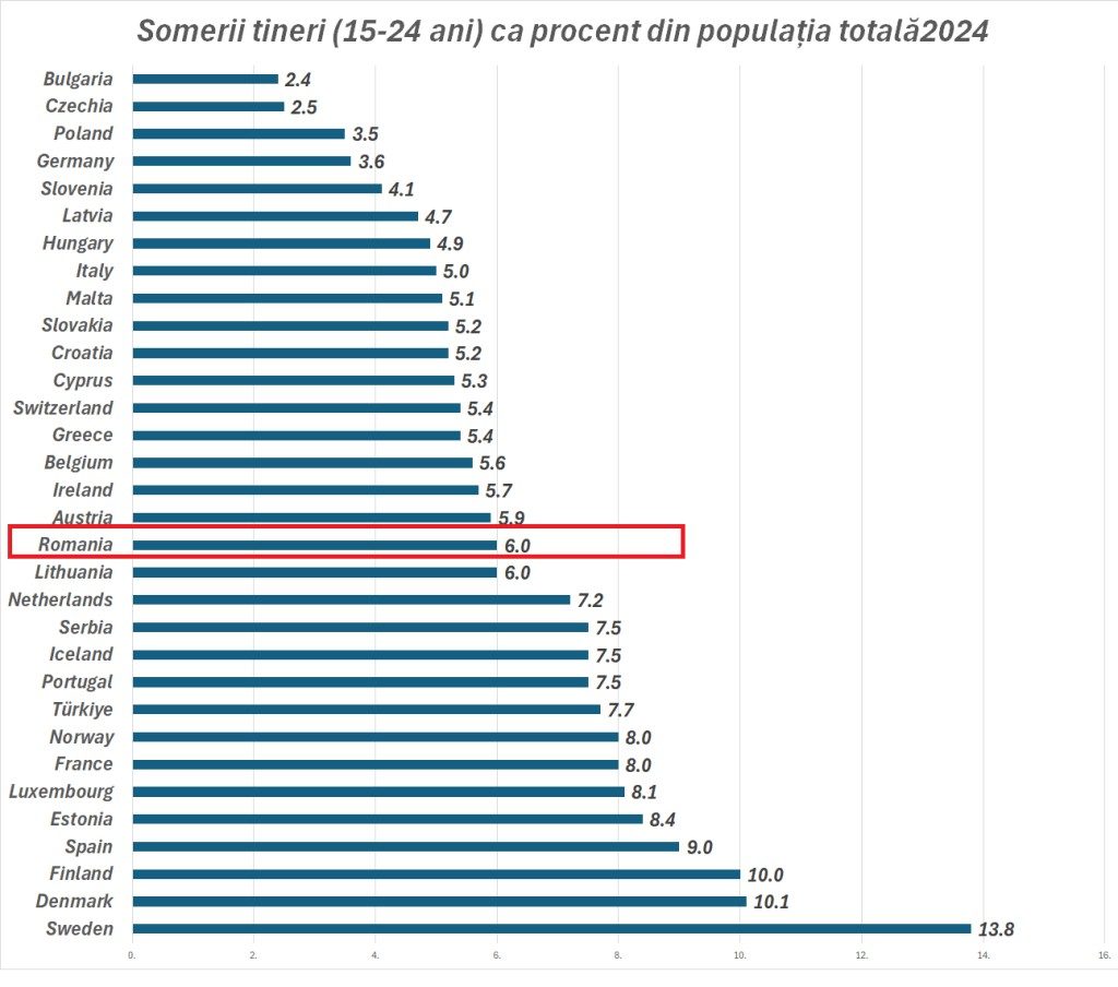 Avertismentul Statisticii: Reține atenția nivelul ridicat al șomajului în rândul tinerilor de 15-24 ani, de peste 4 ori mai mare decât media națională 1 someri populatie 1
