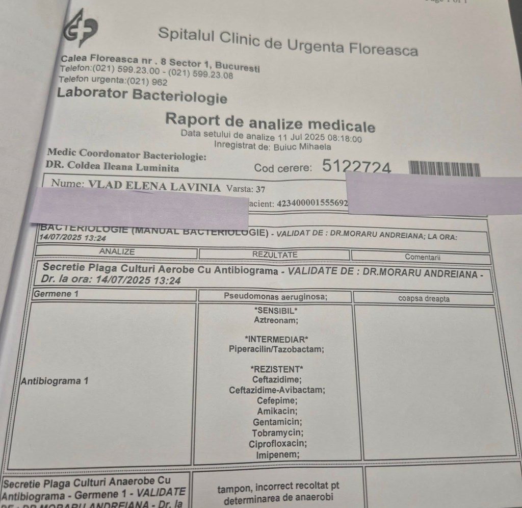 „«Avem de toate» înseamnă să lăsăm sistemul să ne ia pielea de pe noi”. Cazul care a dus la controale la Centrul de Arși Floreasca: din „lagăr”, în Belgia „unde nu mai doare nimic” 3 Analizele Laviniei arată infectarea cu Piocianic / Foto: Facebook - Alina Alexandru