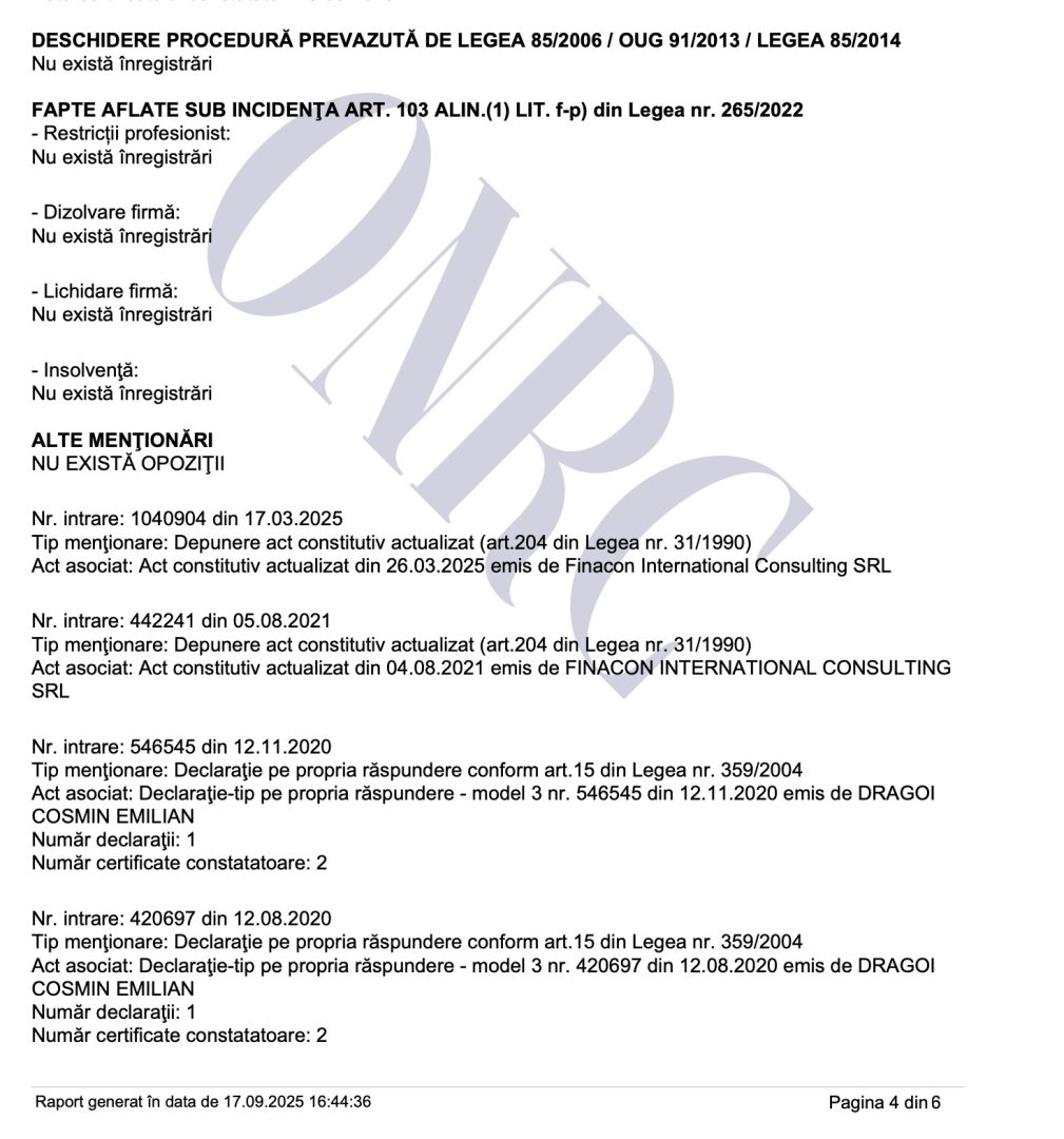 FINACON INTERNATIONAL CONSULTING SRL  NU este in insolventa - poza certificatului ONRC ca dovadă