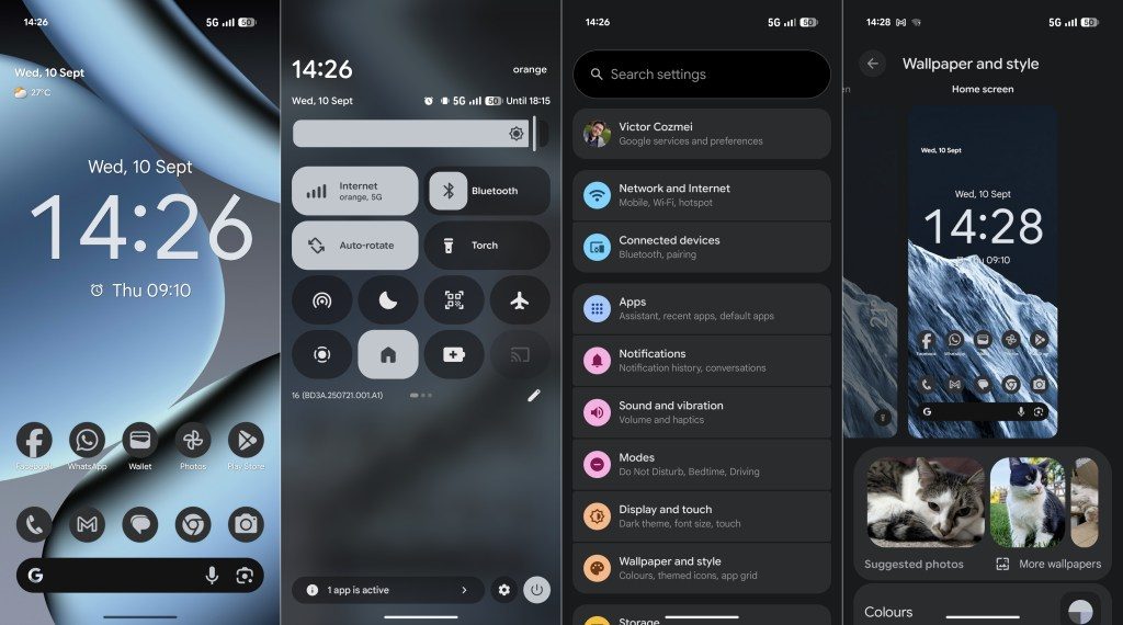 Colaj interfata Android 16 pe Google Pixel 10 Pro