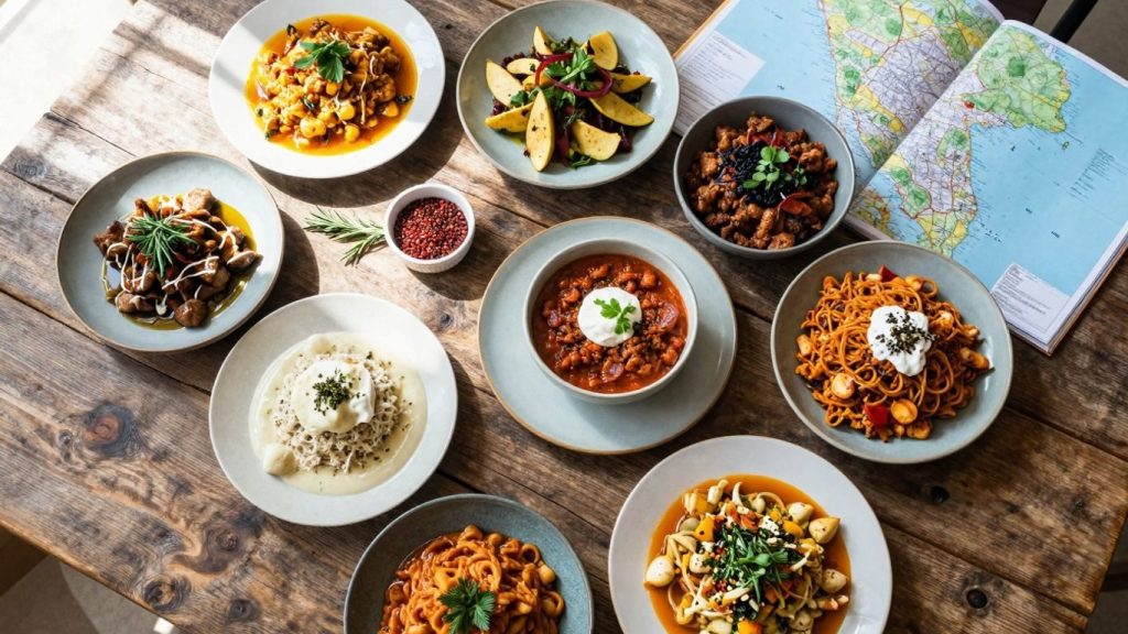 Planificarea unei călătorii culinare cu hărți și mâncare.