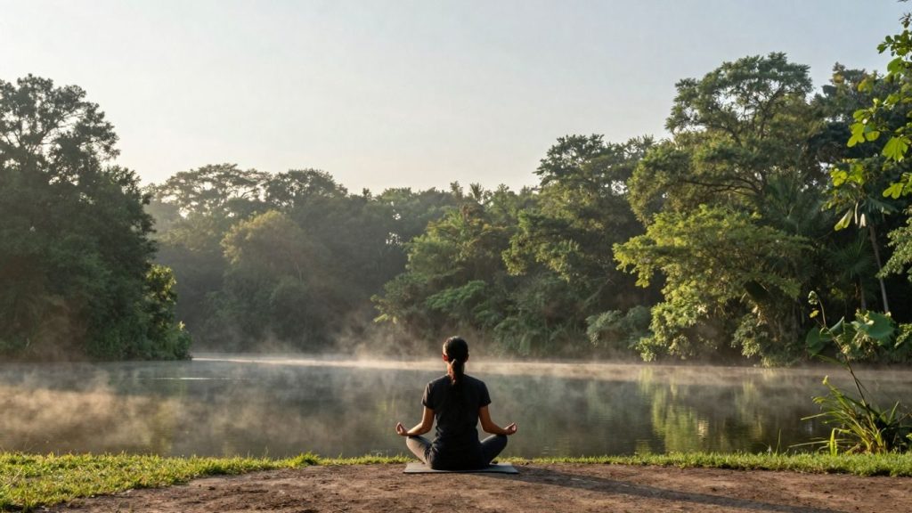 Femeie meditează lângă lac la răsărit.