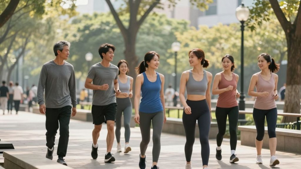 Grup divers de oameni sănătoși în parc urban.