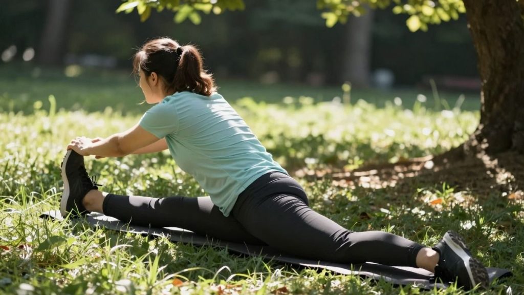 Persoană energică făcând exerciții în natură la răsărit.