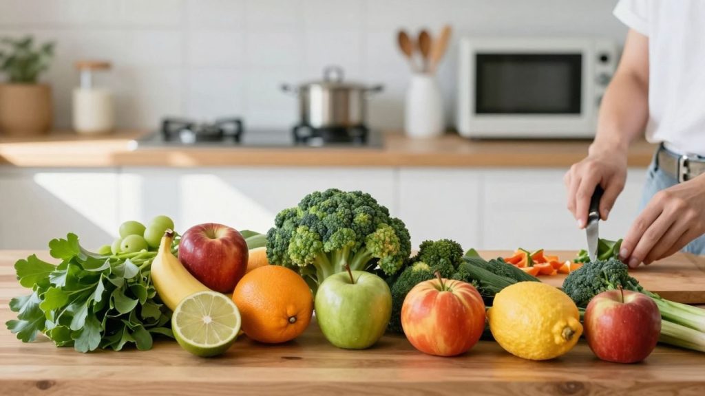 Fructe proaspete si legume pe un blat de bucatarie.