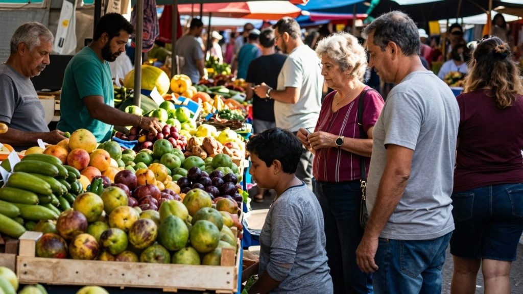 Oameni la o piață locală plină de produse proaspete.