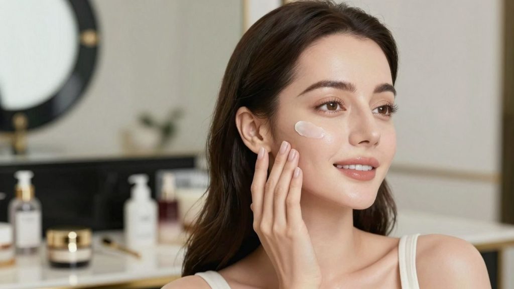 Femeie radiantă aplicând cremă anti-aging.