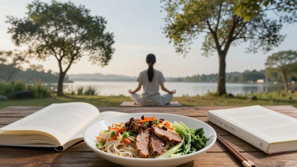 Persoană meditând la răsărit, mâncare sănătoasă, carte.