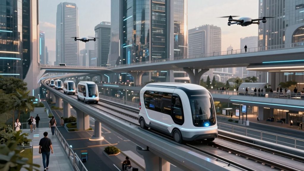 Oraș futurist cu vehicule autonome și drone.