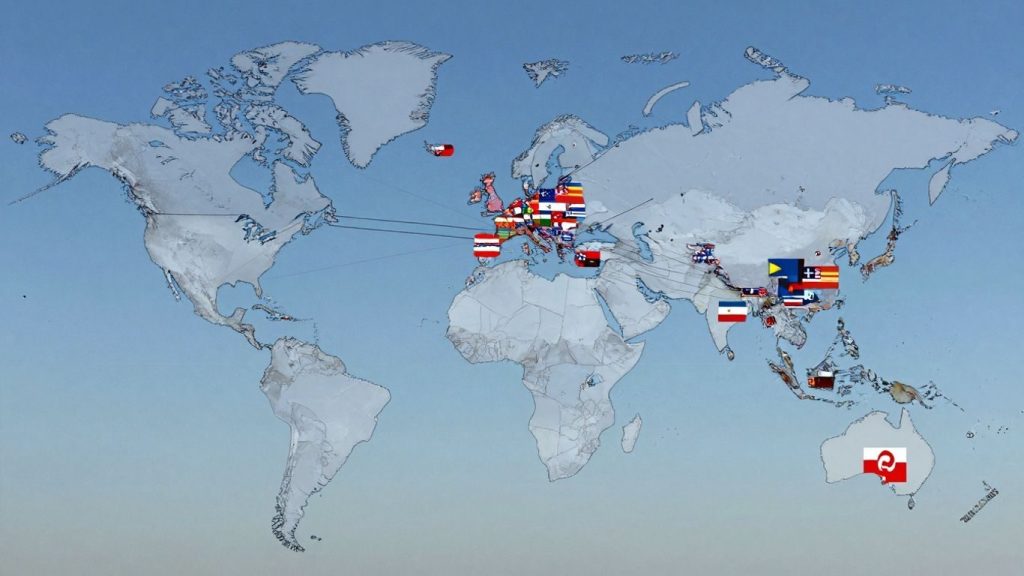 Harta lumii cu linii interconectate și steaguri naționale.