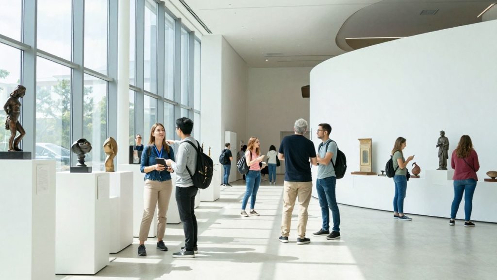 Oameni admirând exponate într-un muzeu luminos.
