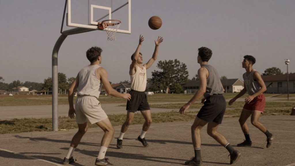 Jucători de baschet vechi pe un teren în aer liber.