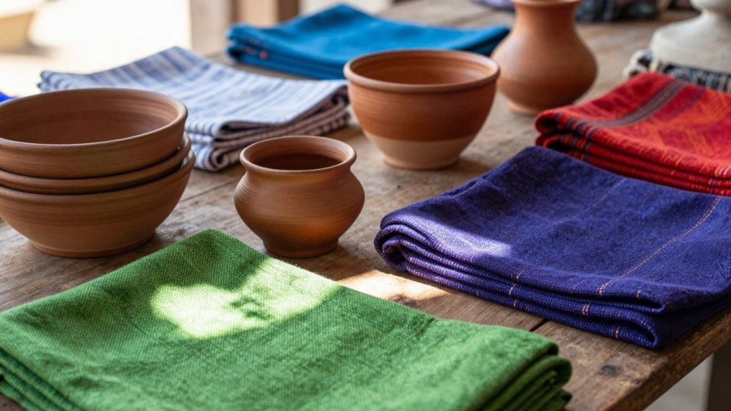 Produse locale artizanale pe o masă de lemn.