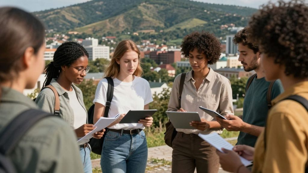 Oameni din regiuni diferite colaborează la proiecte transfrontaliere.