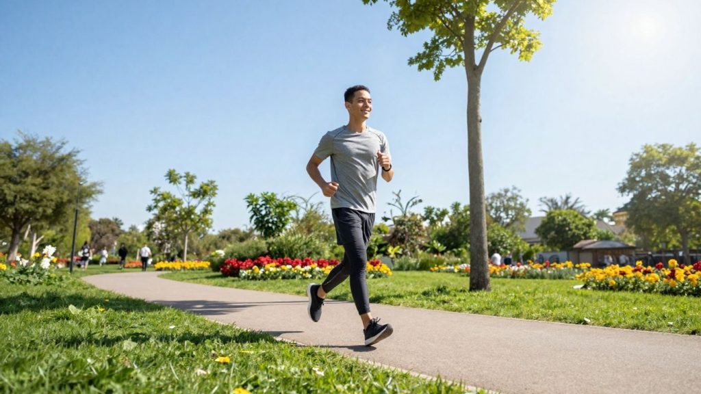 Persoană alergând într-un parc însorit, zâmbind.