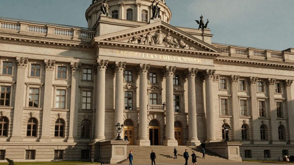 Clădirea Parlamentului României cu oameni în fața sa.