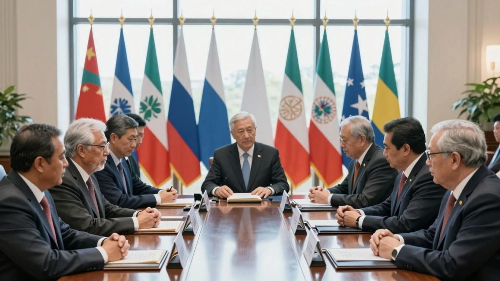 Lideri mondiali discutând la o masă, steaguri naționale.