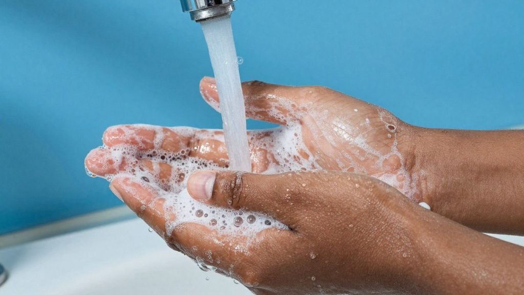 Persoană spălându-se pe mâini cu apă și săpun.