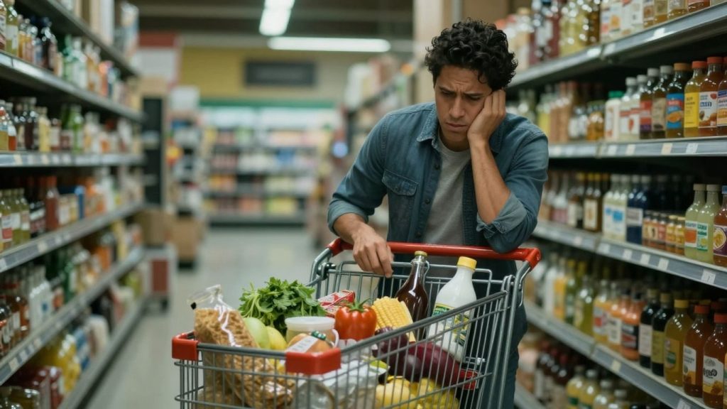 Consumator îngrijorat analizând produsele din coșul de cumpărături.