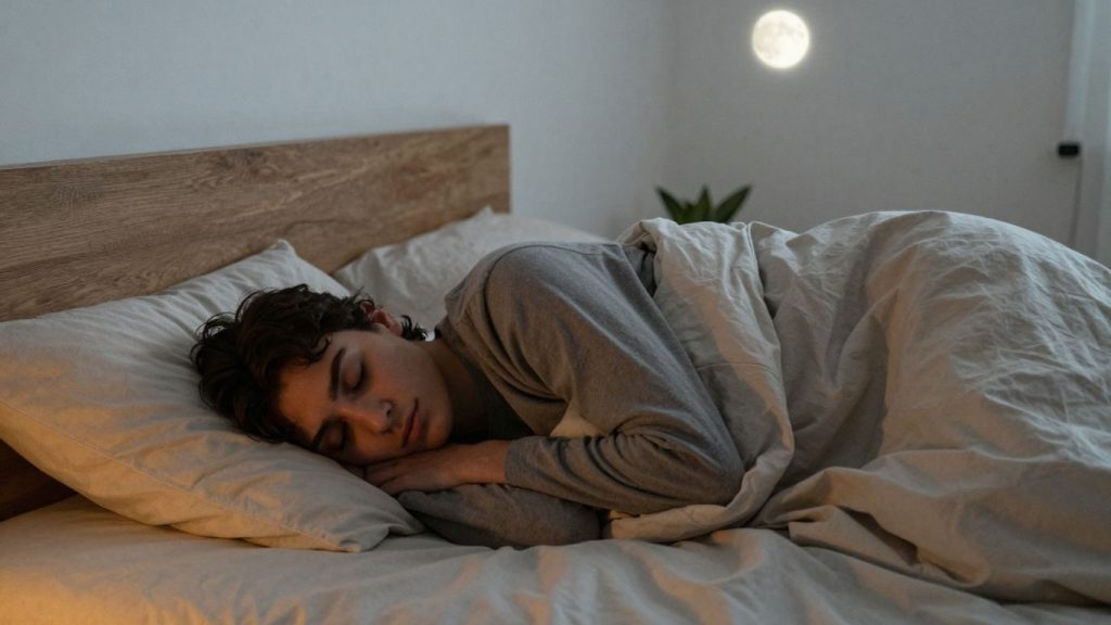 Persoană dormind liniștită într-o cameră confortabilă.