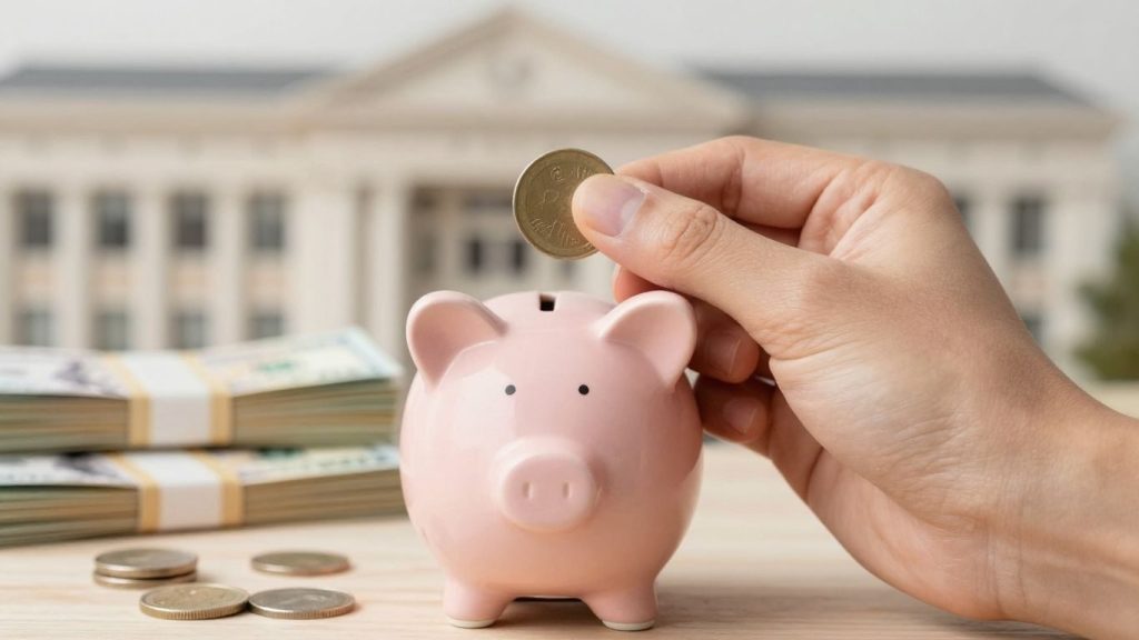 Mână pune monedă în pușculiță, clădiri guvernamentale pe fundal.