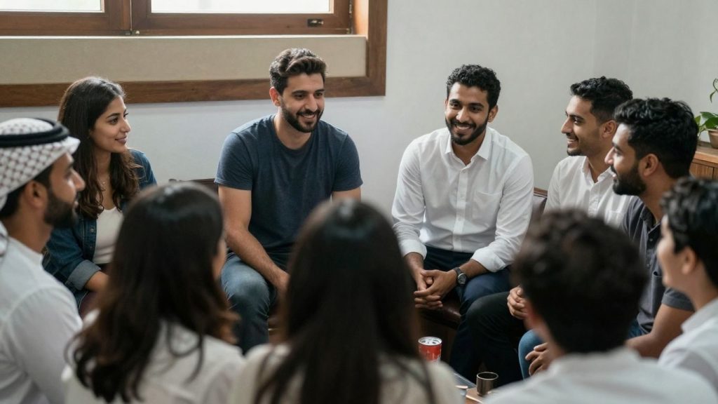 Oameni zâmbind și comunicând autentic într-o zi însorită.