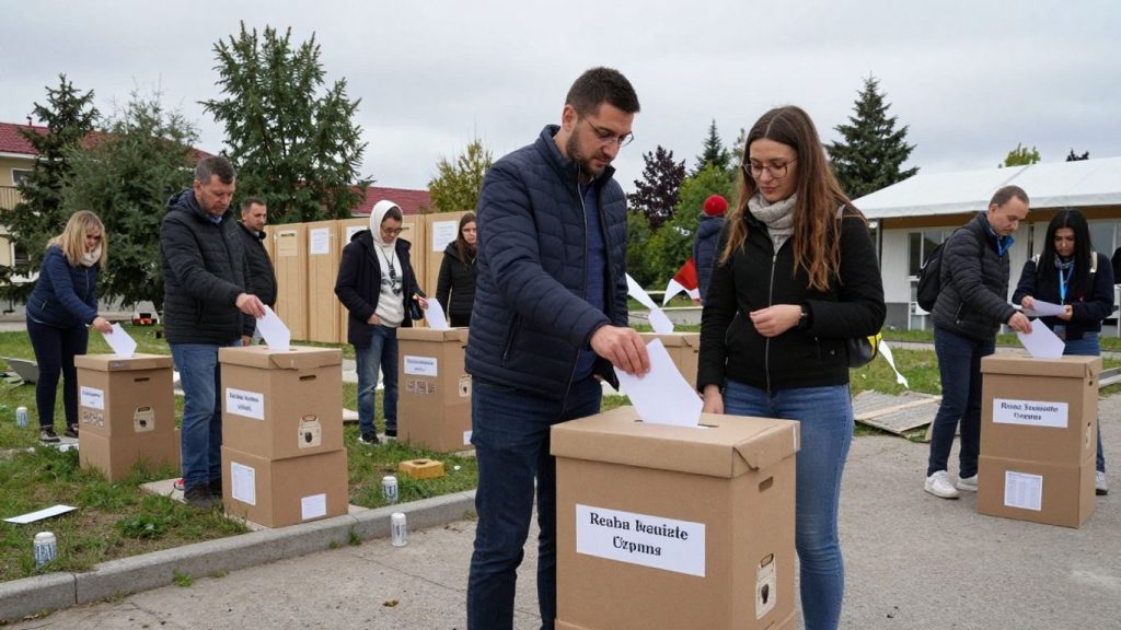 Urne și cetățeni votând la alegerile din România.