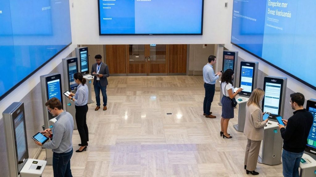 Oameni interacționând cu tehnologia la instituții publice.