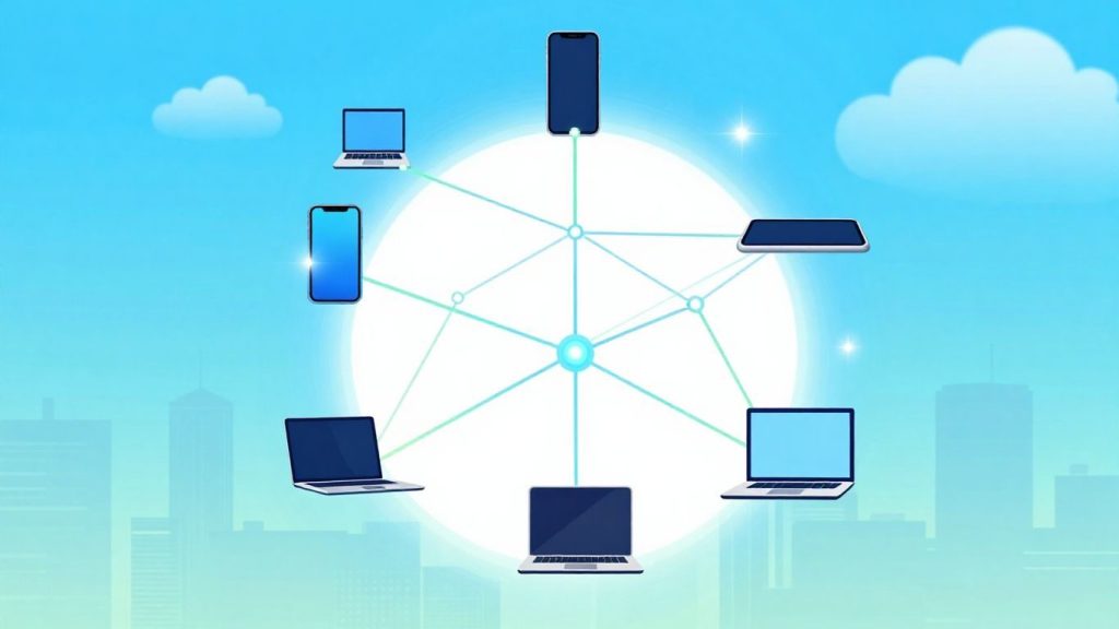 Infrastructura digitală conectând dispozitive și orașe.