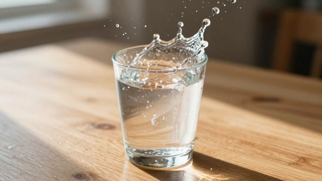 Sticlă cu apă proaspătă și picături de apă.