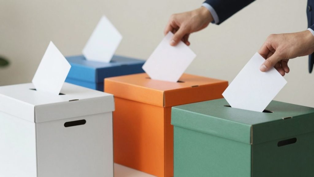 Urne de vot colorate cu mâini introducând buletine de vot.