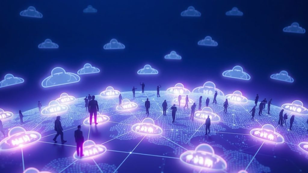 Nor de calcul global și oameni interacționând.