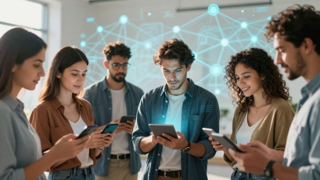 Oameni interacționând cu tehnologie digitală și rețele online.