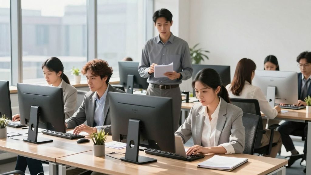 Angajați într-un birou modern, colaborând și lucrând.