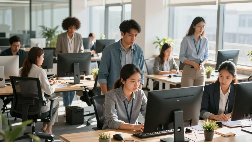 Angajați într-un birou modern, colaborând și lucrând.