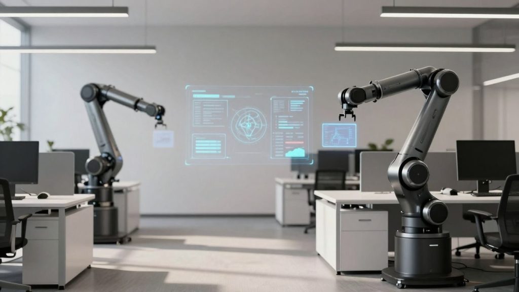 Automatizare digitală în companii, roboți și interfețe moderne.