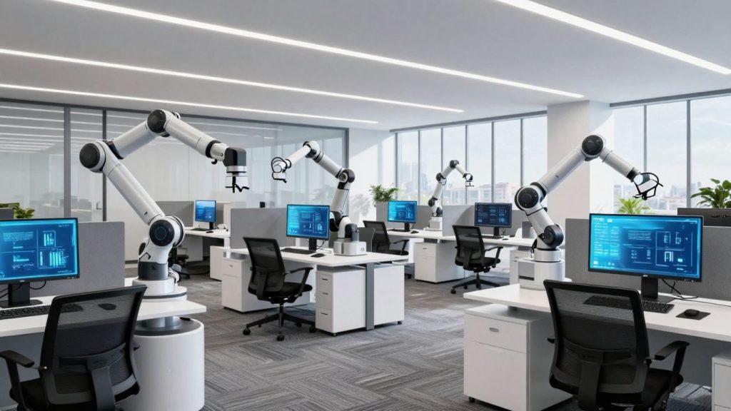 Automatizare digitală în companii, roboți și interfețe moderne.