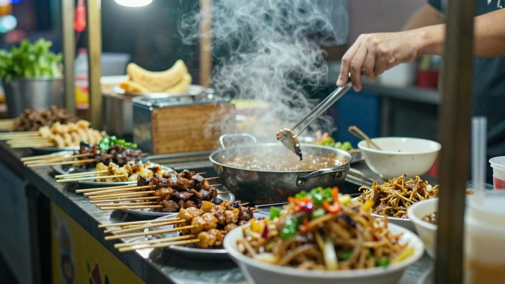 Mâncare stradală colorată și apetisantă într-o destinație vibrantă.