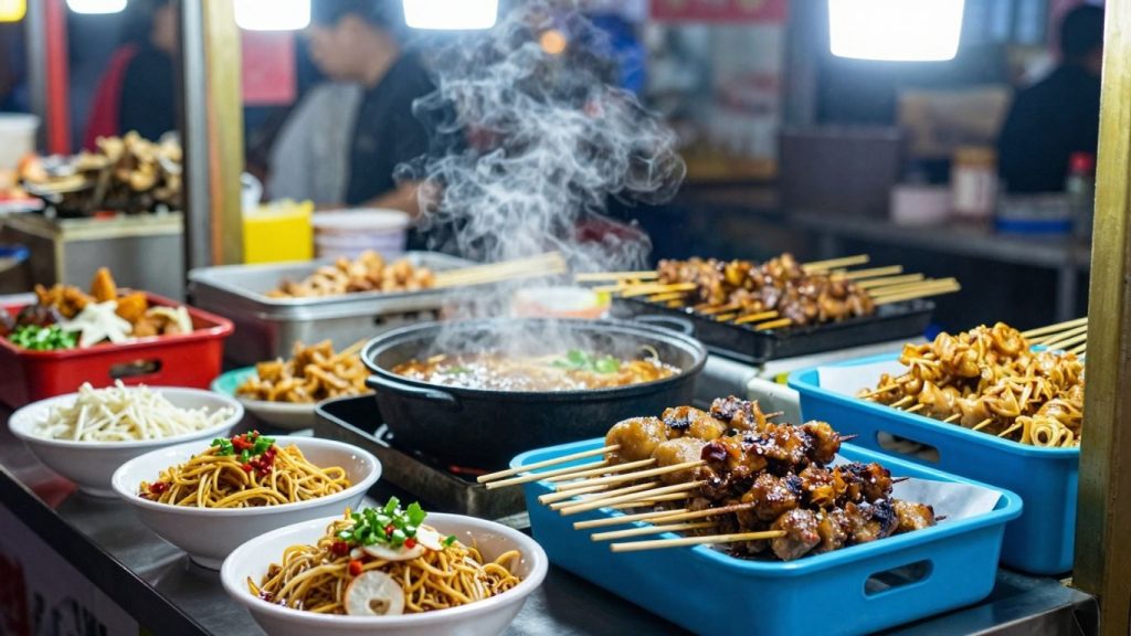 Mâncare stradală colorată și apetisantă într-o destinație vibrantă.