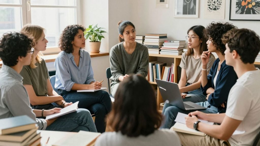 Oameni discutând înconjurați de cărți și artă.