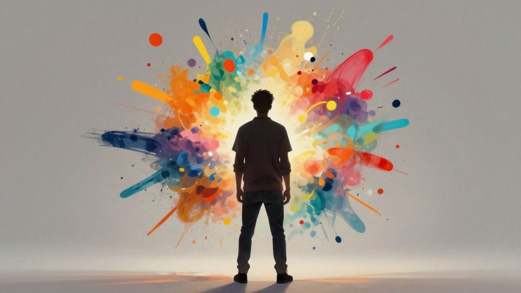 Persoană în fața unui fundal colorat, sugerând dezvoltare.