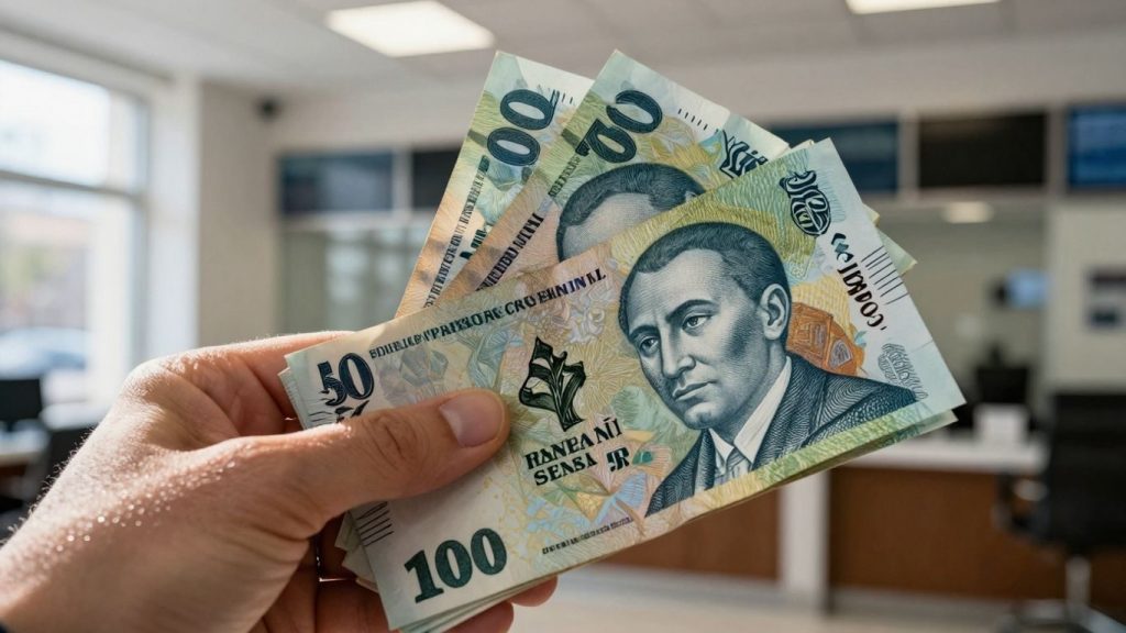 Bancnote românești și clădire bancară modernă.