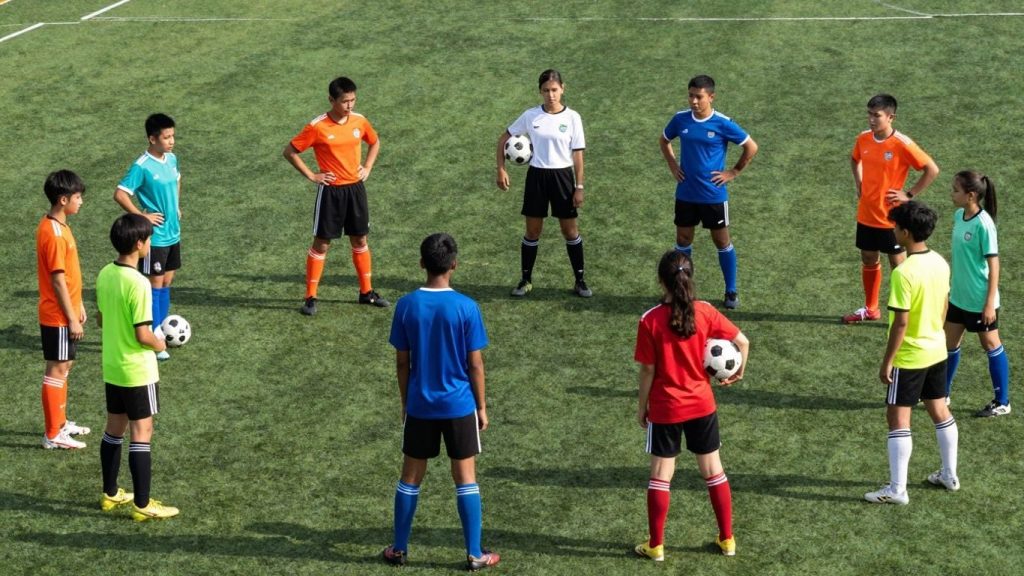 Echipă de fotbal tânără pe un teren verde.