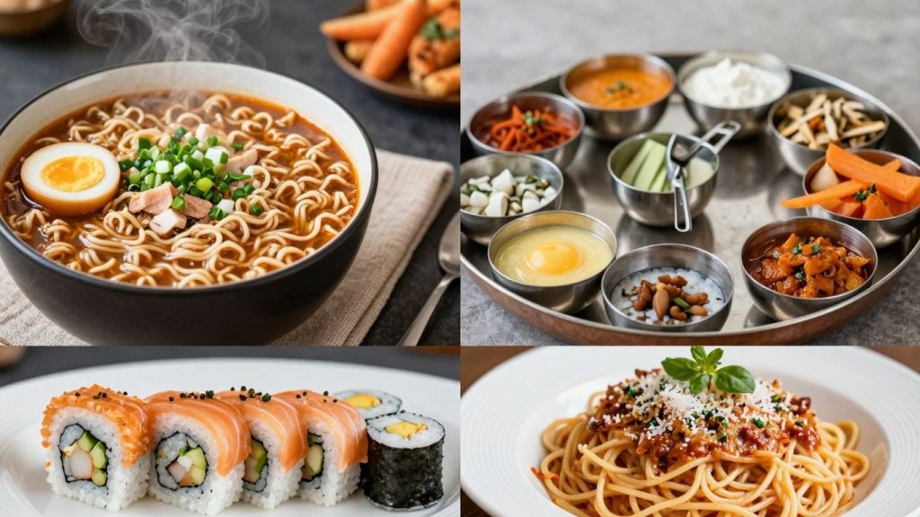 Diversitate culinară globală: preparate din diferite culturi.