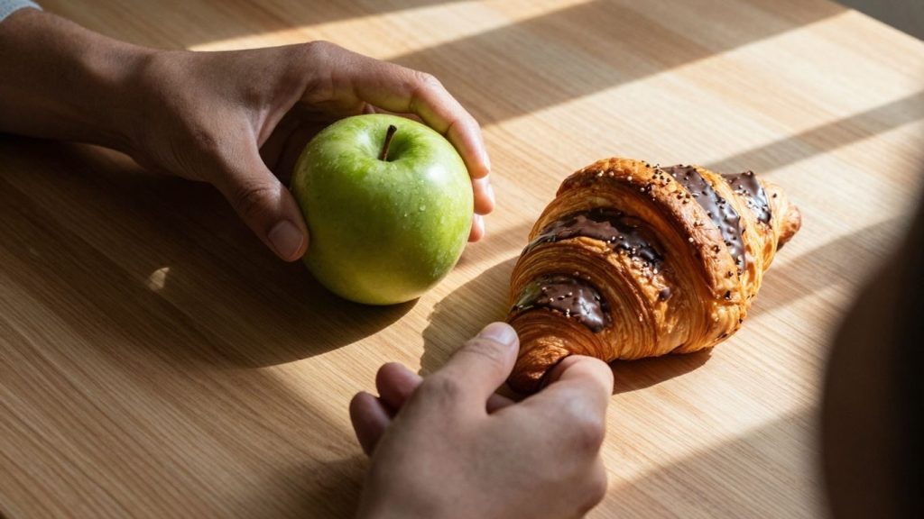 Alegerea dintre un măr și un croissant pe o masă.