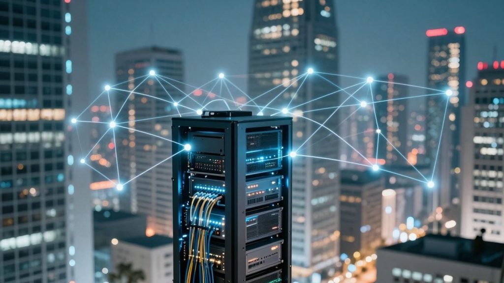 Oraș modern conectat prin linii digitale luminoase.